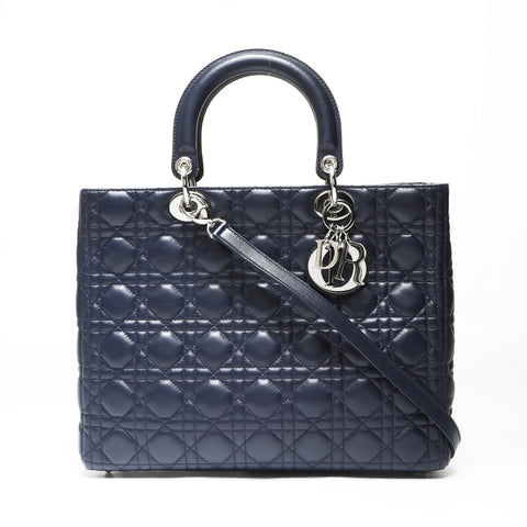 Christian Dior Cannage Lady Dior 2WAY Metal Silver Shoulder Bag Navy WS27525