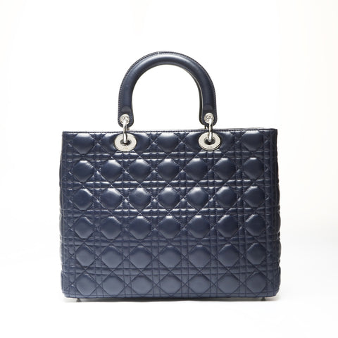 Christian Dior Cannage Lady Dior 2WAY Metal Silver Shoulder Bag Navy WS27525