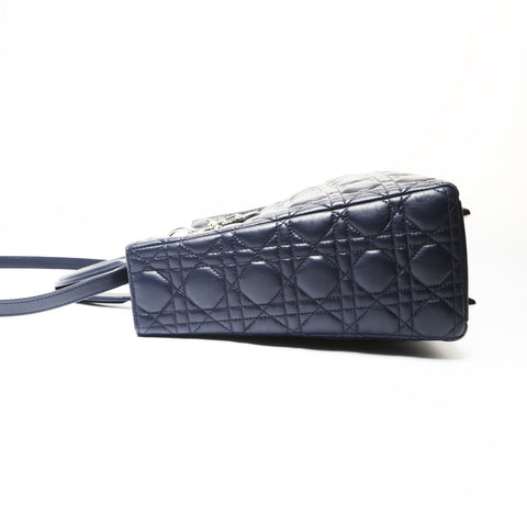 Christian Dior Cannage Lady Dior 2WAY Metal Silver Shoulder Bag Navy WS27525