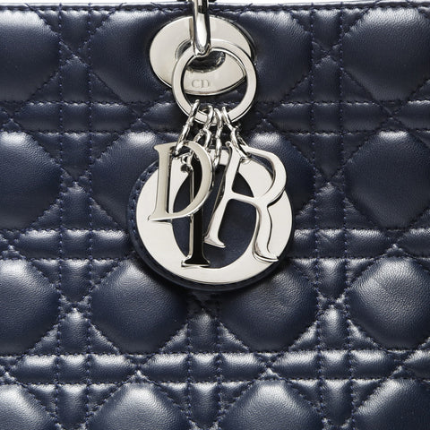 Christian Dior Cannage Lady Dior 2WAY Metal Silver Shoulder Bag Navy WS27525