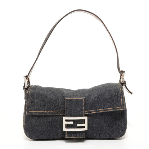 FENDI Mamma Bucket Denim SilverMetal Shoulder Bag Navy WS27572