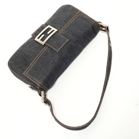 FENDI Mamma Bucket Denim SilverMetal Shoulder Bag Navy WS27572