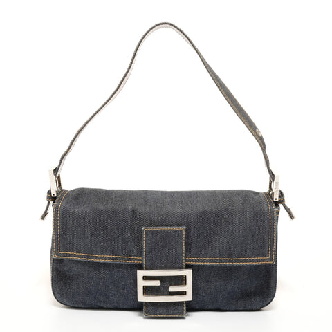 FENDI Mamma Bucket Denim SilverMetal Shoulder Bag Navy WS27573