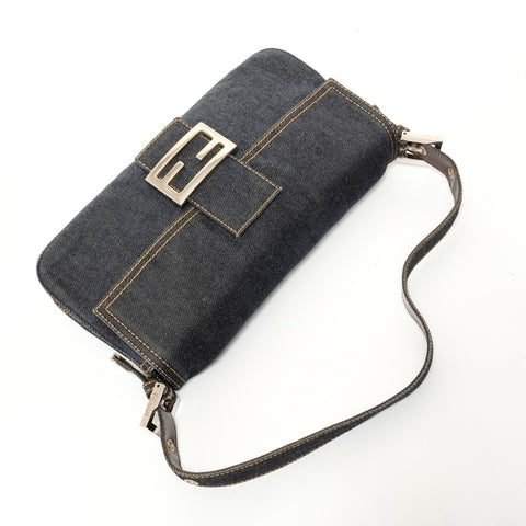 FENDI Mamma Bucket Denim SilverMetal Shoulder Bag Navy WS27573