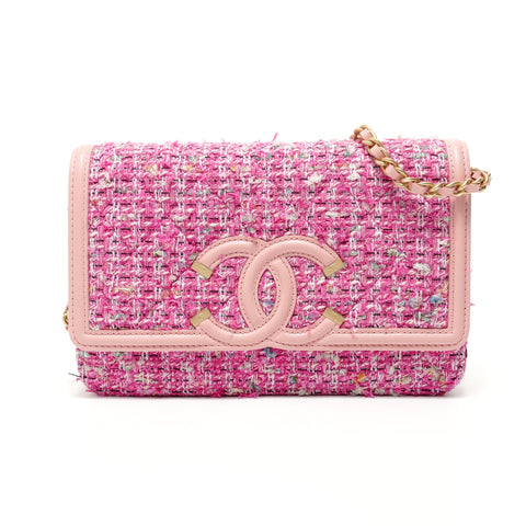 CHANEL Item #27: Filigree Tweed Chain Wallet Shoulder Bag pink WS27639