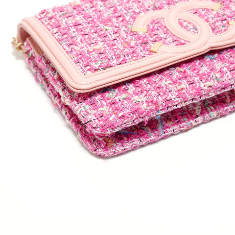 CHANEL Item #27: Filigree Tweed Chain Wallet Shoulder Bag pink WS27639