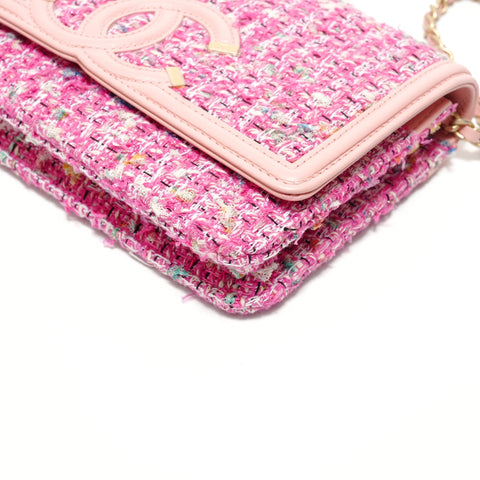 CHANEL Item #27: Filigree Tweed Chain Wallet Shoulder Bag pink WS27639