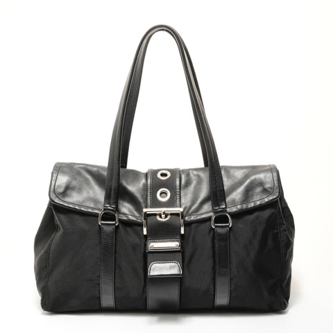 PRADA Nylon Leather Triangle Logo Buckle Shoulder Bag black WS27680