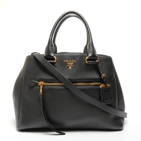 PRADA Leather Logo 2-Way Tote Bag Handbag black WS27758