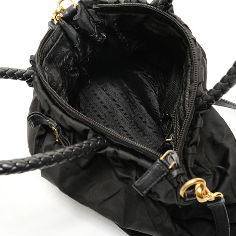 PRADA Nylon Gathered Ribbon Handbag black WS27822