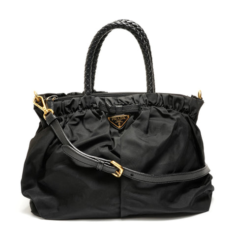 PRADA Nylon Gathered Ribbon Handbag black WS27822
