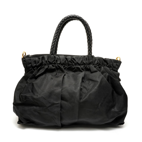 PRADA Nylon Gathered Ribbon Handbag black WS27822
