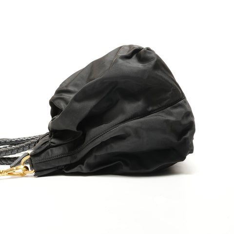 PRADA Nylon Gathered Ribbon Handbag black WS27822