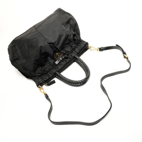 PRADA Nylon Gathered Ribbon Handbag black WS27822