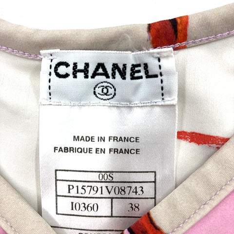 シャネル CHANEL 2000年製 プリント タイダイ  半袖Ｔシャツ チビT Vintage COCOマーク size 38 ナイロン ナイロン ピンク×ベージュ WS2784