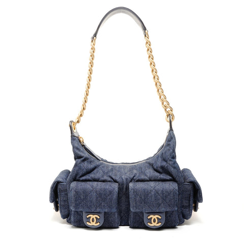 CHANEL 2022-2025 Matelass Hobo Chain Shoulder Bag Denim Shoulder Bag Navy WS27858