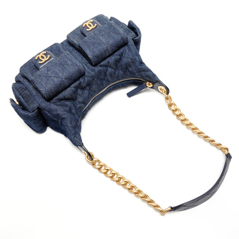 CHANEL 2022-2025 Matelass Hobo Chain Shoulder Bag Denim Shoulder Bag Navy WS27858