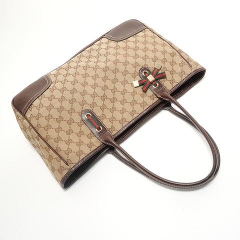 GUCCI GG Canvas Shelly Ribbon Tote Bag beige WS27917