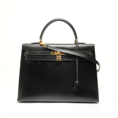 HERMES Kelly 35 Box Calf Leather, □B stamp, 1998 Handbag black WS28001