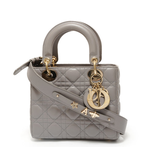 Christian Dior Lambskin 2-way Lady Dior Cannage Handbag gray WS28036