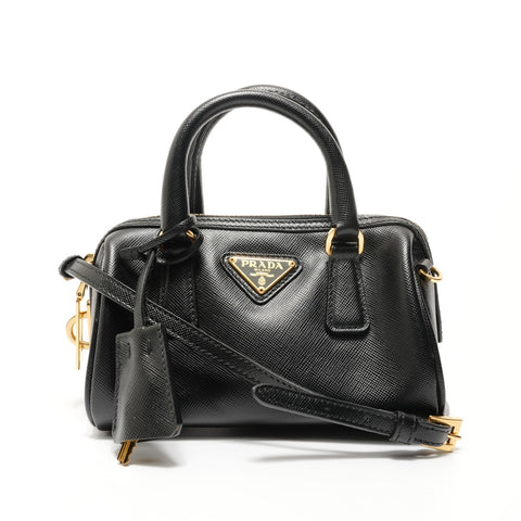 PRADA Saffiano Mini 2WAY Gold Metal Handbag black WS28067