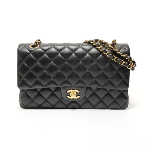 CHANEL 24 series Matelassé Lambskin Double Flap 25 Chain Shoulder Bag black WS28077