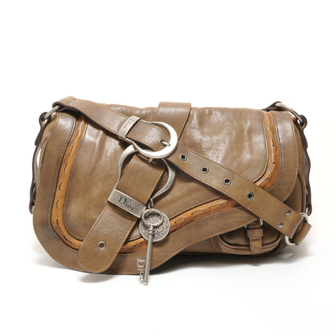 Christian Dior Gaucho Leather Khaki Green Shoulder Bag Brown WS28252