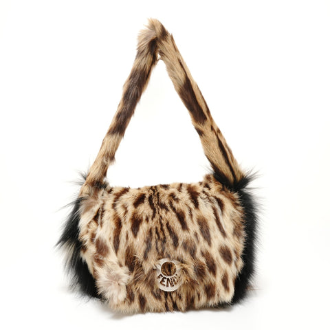 FENDI Leopard Pattern Rabbit Fur Shoulder Bag Brown WS28265