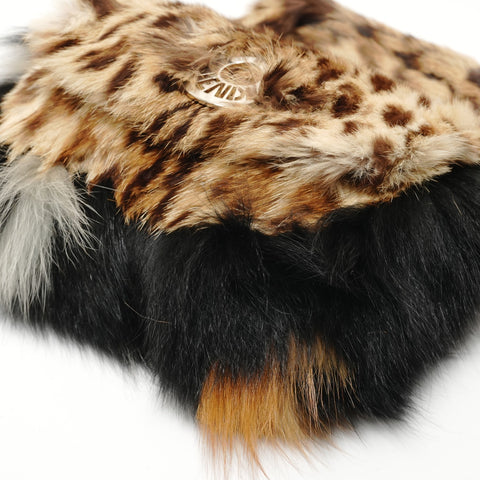 FENDI Leopard Pattern Rabbit Fur Shoulder Bag Brown WS28265