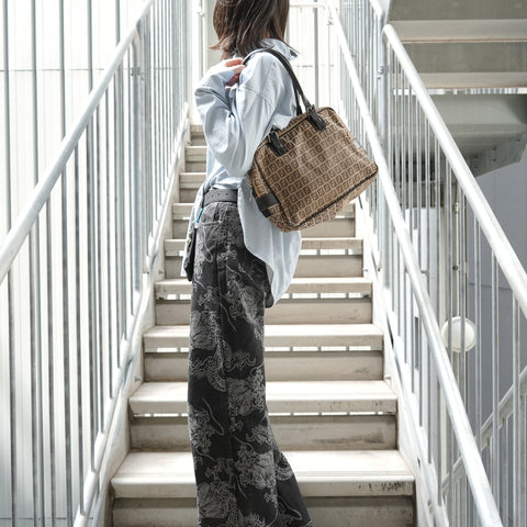 FENDI Zucchino Canvas Shoulder Bag Brown WS28275