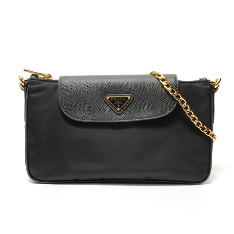 PRADA Triangle logo nylon Saffiano leather Shoulder Bag black WS28291