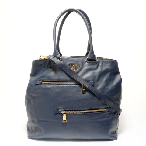PRADA Soft calf leather 2-way bag Tote Bag Navy WS28324