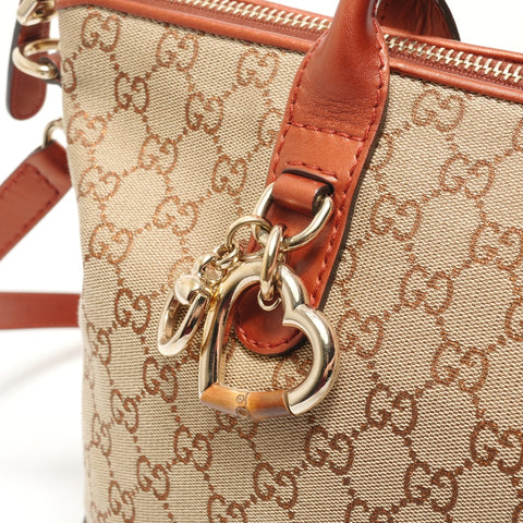 GUCCI GG Canvas Glitter Heart Charm Tote Bag Brown WS28379