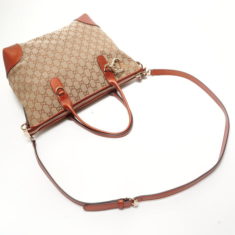 GUCCI GG Canvas Glitter Heart Charm Tote Bag Brown WS28379