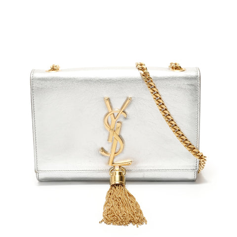 YVES SAINT LAURENT Tassel YSL logo Shoulder Bag Silver WS28400