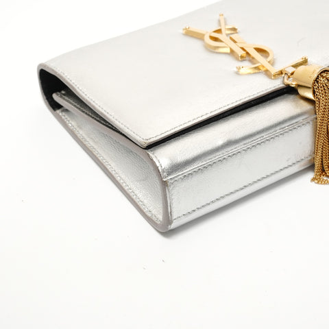 YVES SAINT LAURENT Tassel YSL logo Shoulder Bag Silver WS28400