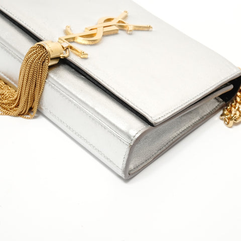 YVES SAINT LAURENT Tassel YSL logo Shoulder Bag Silver WS28400