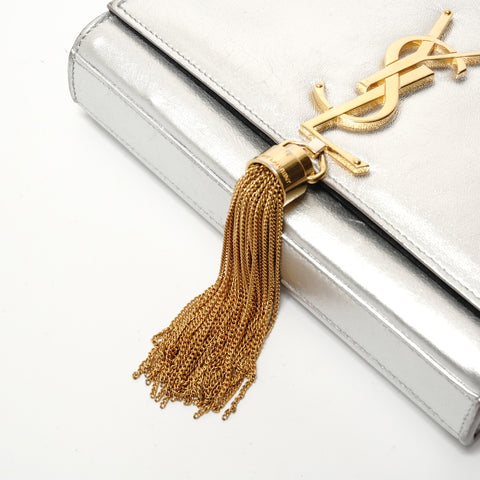 YVES SAINT LAURENT Tassel YSL logo Shoulder Bag Silver WS28400