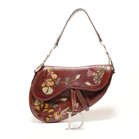 Christian Dior Saddle Leather Embroidery Floral Pattern Shoulder Bag Brown WS28401