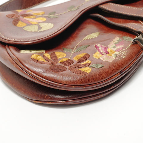 Christian Dior Saddle Leather Embroidery Floral Pattern Shoulder Bag Brown WS28401