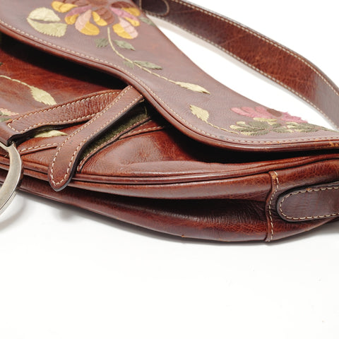 Christian Dior Saddle Leather Embroidery Floral Pattern Shoulder Bag Brown WS28401