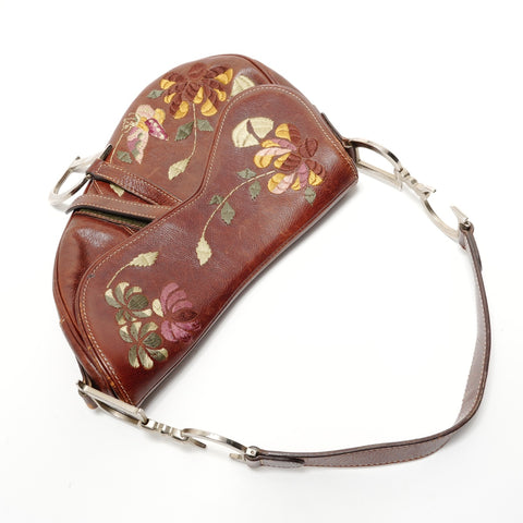 Christian Dior Saddle Leather Embroidery Floral Pattern Shoulder Bag Brown WS28401