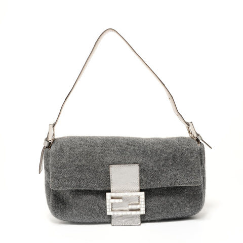 FENDI Mamma Bucket One Belt Beaded Wool Shoulder Bag gray WS28449