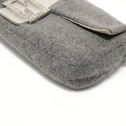 FENDI Mamma Bucket One Belt Beaded Wool Shoulder Bag gray WS28449