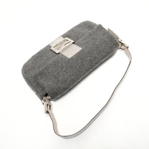 FENDI Mamma Bucket One Belt Beaded Wool Shoulder Bag gray WS28449