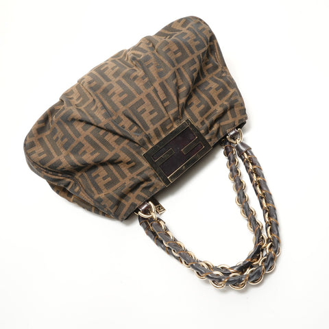 FENDI Zucca Canvas Chain Shoulder Bag Brown WS28460