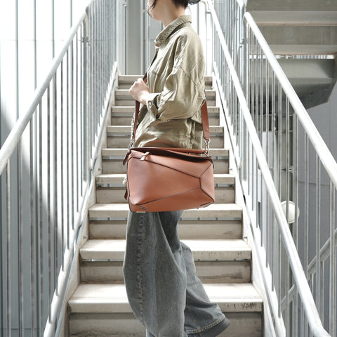 LOEWE Puzzle Bag Medium 2-Way Leather Shoulder Bag Brown WS28475