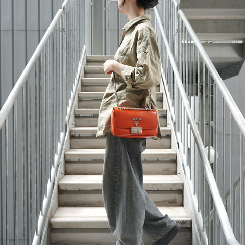 PRADA Saffiano Patent Chain Shoulder Bag Orange WS28492