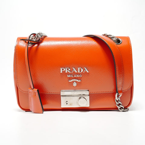 PRADA Saffiano Patent Chain Shoulder Bag Orange WS28492