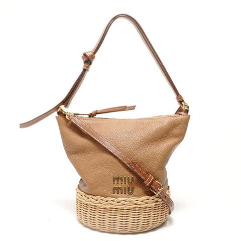 Miu Miu 2-Way Leather Rattan Shoulder Bag Brown WS28504
